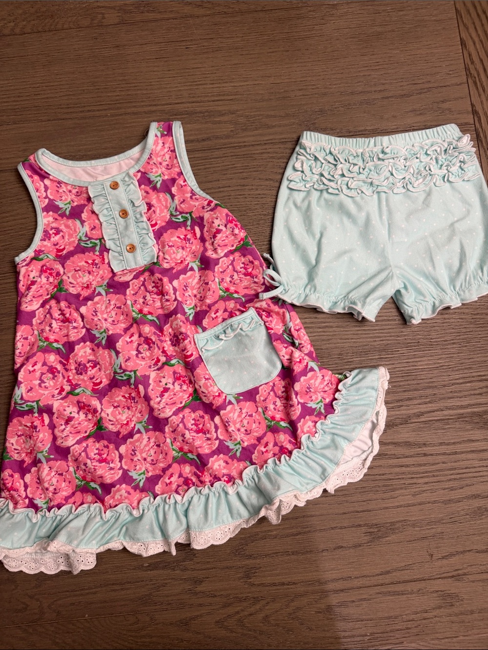 SweetHoney 4T Pink Floral Ruffle Tank with Mint Shorts
